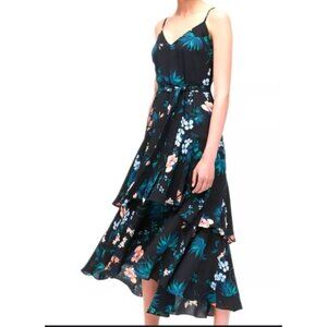 Banana Republic Floral Ruffle Midi Dress Women 14 Black Bohemian Preppy Peasant‎